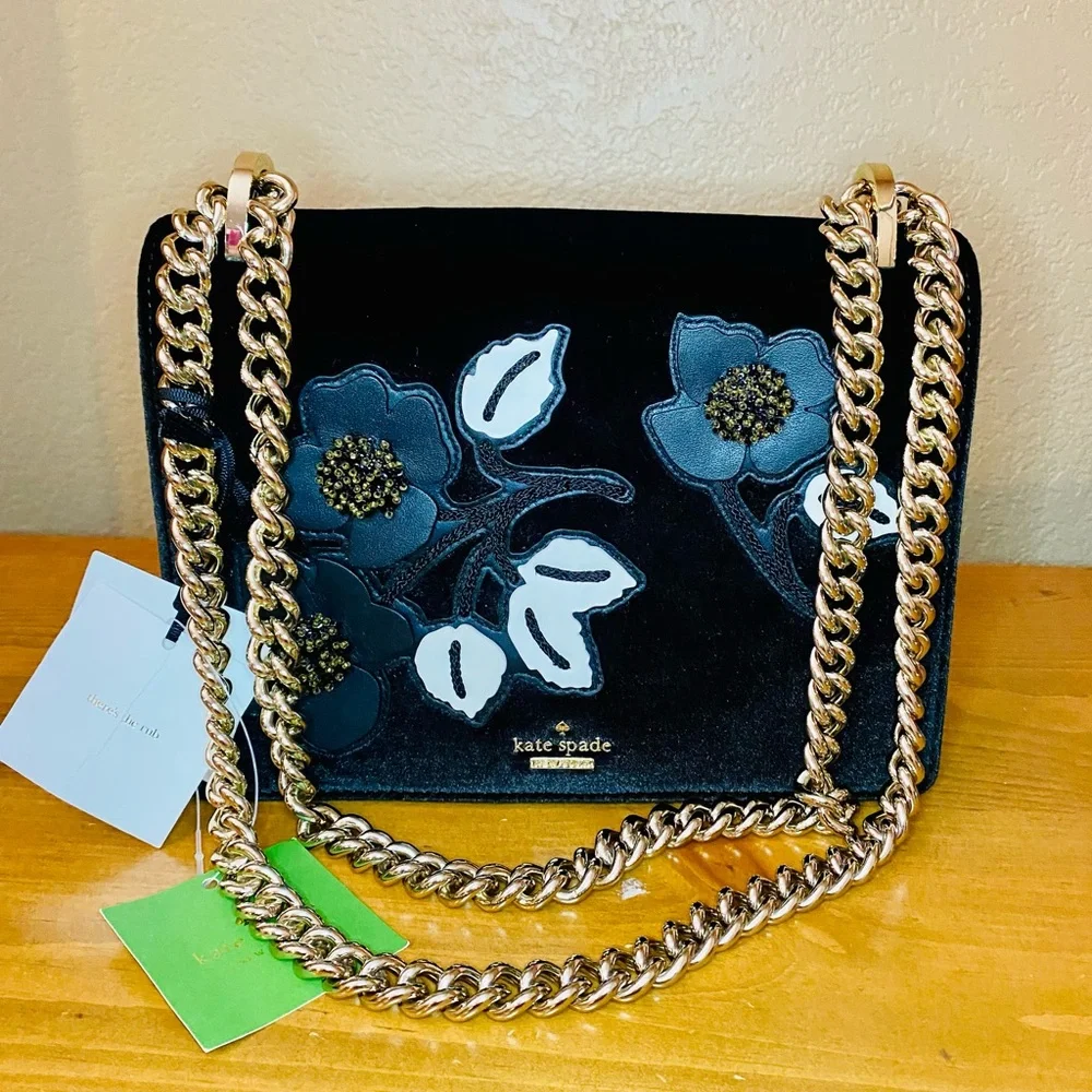 NEW! Kate Spade Cameron St Floral Embellish Marci Black Velvet Bag